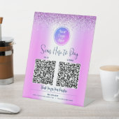 2 QR Code Paars Glitter Custom Logo Scan Pay Reclamebord Met Voetstuk (Insitu)