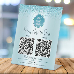 2 QR Code Turquoise Glitter Aangepast Logo Betaal Reclamebord Met Voetstuk
