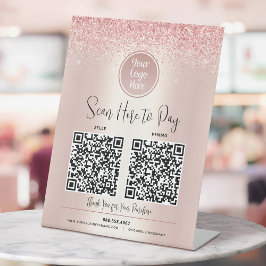 2 QR-codes Aangepast logo Betaal hier Roze gouden  Reclamebord Met Voetstuk