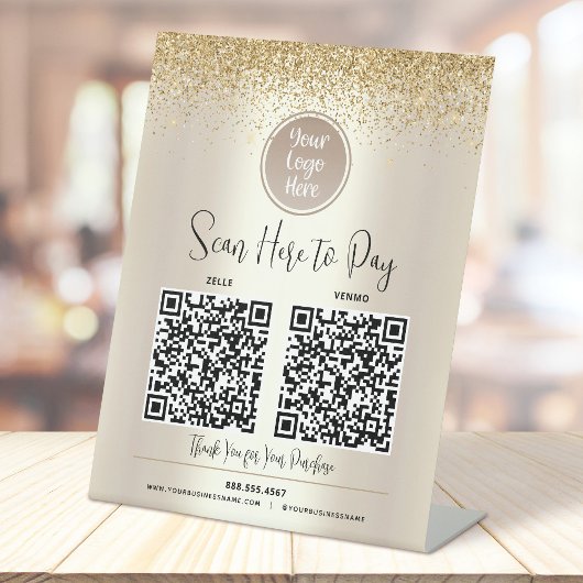 2 QR-codes Aangepast logo Goud glitterscan Betaal Reclamebord Met Voetstuk
