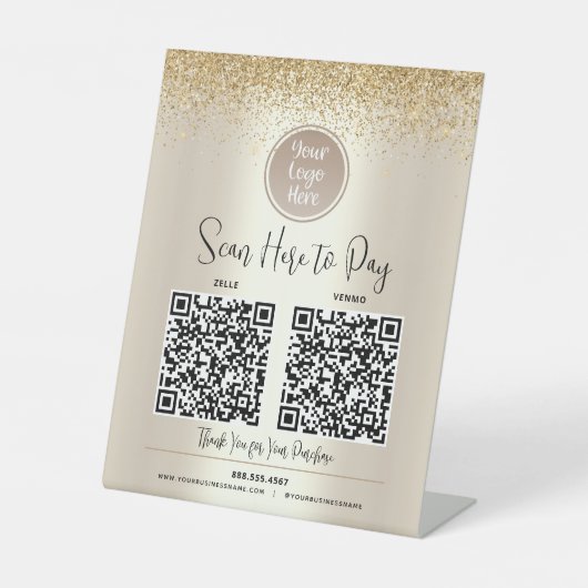 2 QR-codes Aangepast logo Goud glitterscan Betaal  Reclamebord Met Voetstuk (Voorkant)