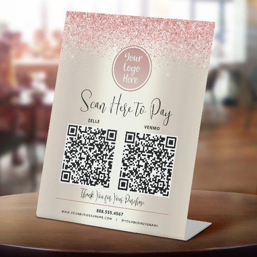 2 QR-codes Aangepast Logo roze glitter betaal hier Reclamebord Met Voetstuk