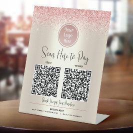 2 QR-codes aangepast logo roze glitters Betaal hie Reclamebord Met Voetstuk