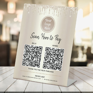 2 QR-codes Betaal hier Aangepaste logo met gouden Reclamebord Met Voetstuk