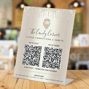 2 QR CODES Betaal hier Goud Glitter Drips Aardbei Reclamebord Met Voetstuk