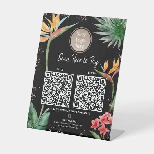 2 QR Codes Betaal hier Logo Tropische Palm Zwart G Reclamebord Met Voetstuk (Voorkant)