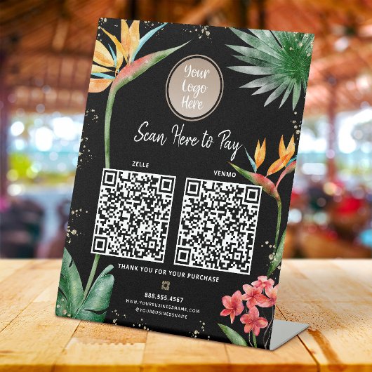 2 QR Codes Betaal hier Logo Tropische Palm Zwart G Reclamebord Met Voetstuk