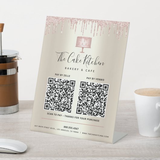 2 QR CODES Betaal hier Roze Cake Bakkerij Glitters Reclamebord Met Voetstuk (Insitu)