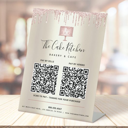 2 QR CODES Betaal hier Roze Cake Bakkerij Glitters Reclamebord Met Voetstuk
