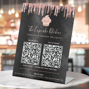 2 QR CODES Betaal hier Roze Cupcake Glitters Zwart Reclamebord Met Voetstuk
