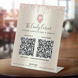2 QR CODES Betaal hier Roze Glitter Druppels Snoep Reclamebord Met Voetstuk