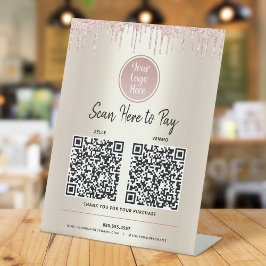 2 QR-codes Betaal hier Roze Glitters Gouden Aangep Reclamebord Met Voetstuk