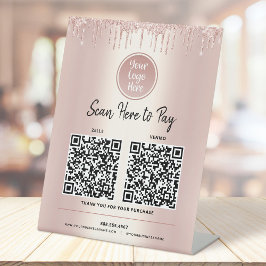 2 QR Codes Betaal hier Roze Gouden Glitter Aangepa Reclamebord Met Voetstuk