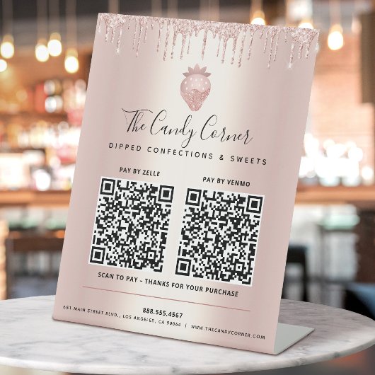 2 QR-codes Betaal hier Roze Gouden Glitter Drips S Reclamebord Met Voetstuk