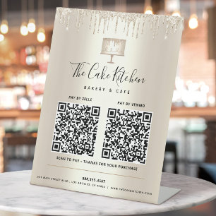 2 QR-codes betalen hier Gold Cake Bakery Glitter D Reclamebord Met Voetstuk
