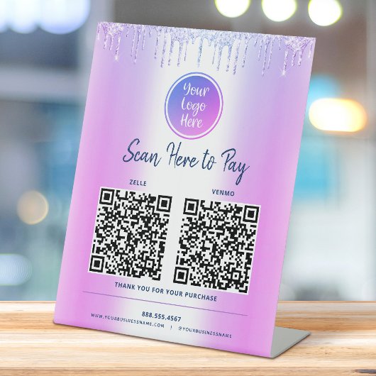 2 QR-codes betalen hier Paarse Glitter Custom Logo Reclamebord Met Voetstuk