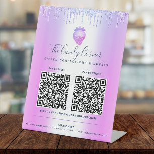 2 QR-codes betalen hier Paarse glitter Drip aardbe Reclamebord Met Voetstuk