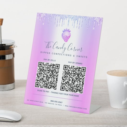 2 QR-codes betalen hier Paarse glitter Drip aardbe Reclamebord Met Voetstuk (Insitu)