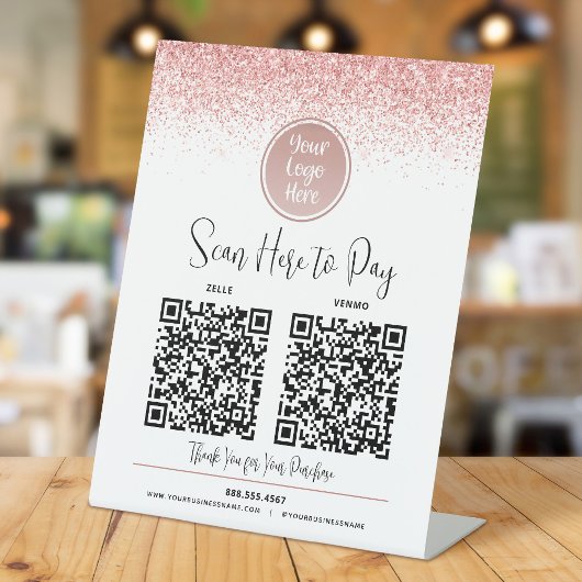 2 QR-codes Roze Glitters Aangepast Logo Betaal hie Reclamebord Met Voetstuk