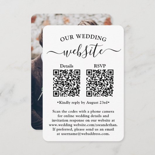 2 QR-codes Wedding RSVP Photo Enclosure Kaart (Voorkant / Achterkant)
