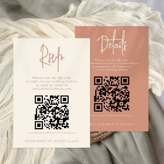 2 QRs Terracotta Cream Wedding Details RSVP-kaart Kaart