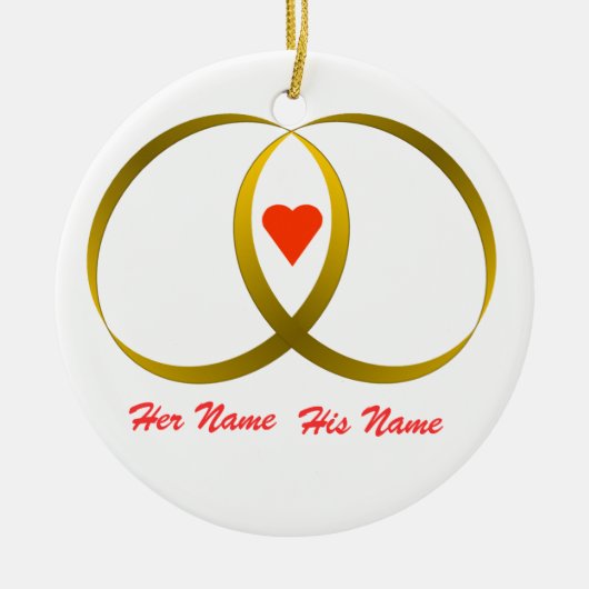 2 ringen & hart, Haar Naam, Zijn Naam Keramisch Ornament (Voorkant)