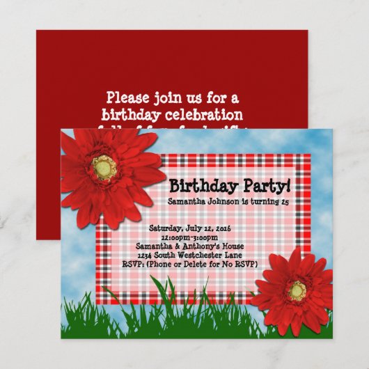 2 rode Gerbera Daisies Verjaardagsfeestuitnodiging Kaart (Voorkant / Achterkant)