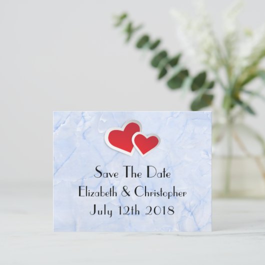 2 Rode harten op Icy Blue Marble behalve de datum Aankondigingskaart (Staand voorkant)