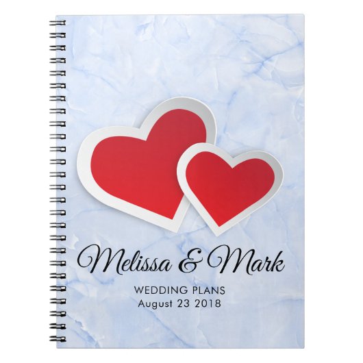 2 Rode harten op Icy Blue Marble Wedding Plans Notitieboek (Voorkant)