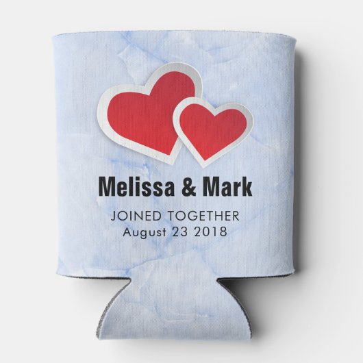 2 Rode Papieren Harten op IJsblauwe Marmeren Trouw Blikjeskoeler (Achterkant)