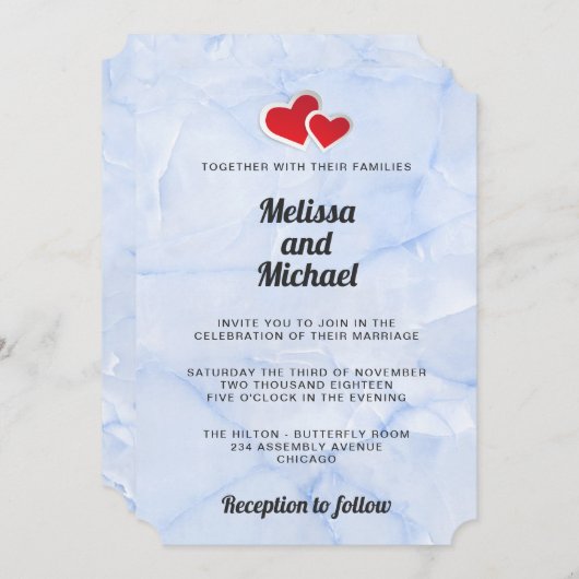 2 Rode Papieren Harten op Lichtblauwe Marmeren Huw Kaart (Voorkant / Achterkant)