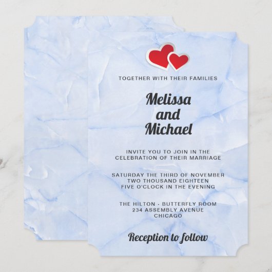 2 Rode papieren harten op lichte blauwe marmer bru Kaart (Voorkant / Achterkant)