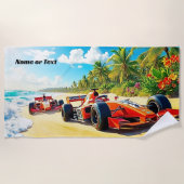 2 rode raceauto's op het zand strandlaken (Voorkant)