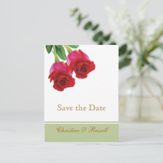 2 rode rozen Save the Date Aankondigingskaart (Staand voorkant)