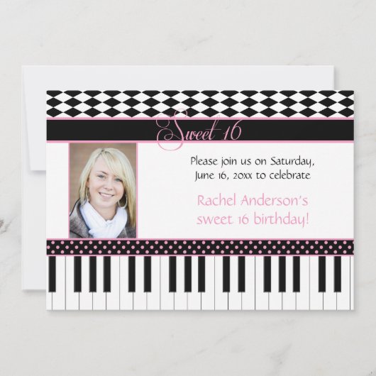 #2 Roze zwarte pianothema Sweet 16 Birthday Kaart (Voorkant)