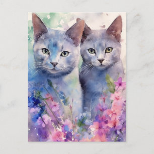 2 Russische Blauwe Katten Bloemenveld Briefkaart