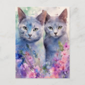 2 Russische Blauwe Katten Bloemenveld Briefkaart (Voorkant)
