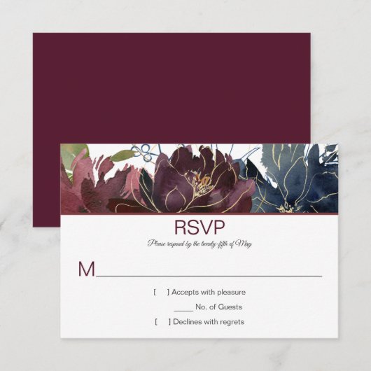 #2 Rustieke Bourgogne Navy Gouden Waterverf Bloeme RSVP Kaartje (Voorkant / Achterkant)