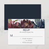 #2 Rustieke Navy Bourgogne Gouden Waterverf Bloeme RSVP Kaartje (Voorkant / Achterkant)