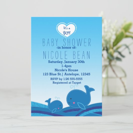 2 Schattigee Blue Whales Baby shower Feestuitnodig Kaart (Staand voorkant)