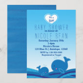 2 Schattigee Blue Whales Baby shower Feestuitnodig Kaart (Voorkant / Achterkant)