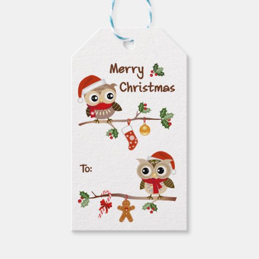 2 Schattigee uilen Merry Christmas Gift Labels Cadeaulabel (Voorkant)