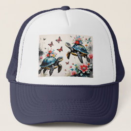 2 Schildpadvrienden met bloemen en vlinders Trucker Pet