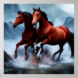 2 Schitterend wild kastanjepaard in de rivier Poster