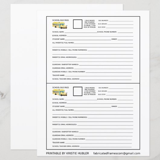 2 schoolbuspassen voor studenten & pick-up persoon (Voorkant / Achterkant)