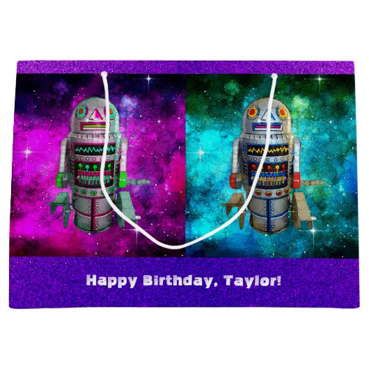 2 Sci Fi speelgoed Robots paarse Blauw Galaxy Aang Groot Cadeauzakje (Voorkant)