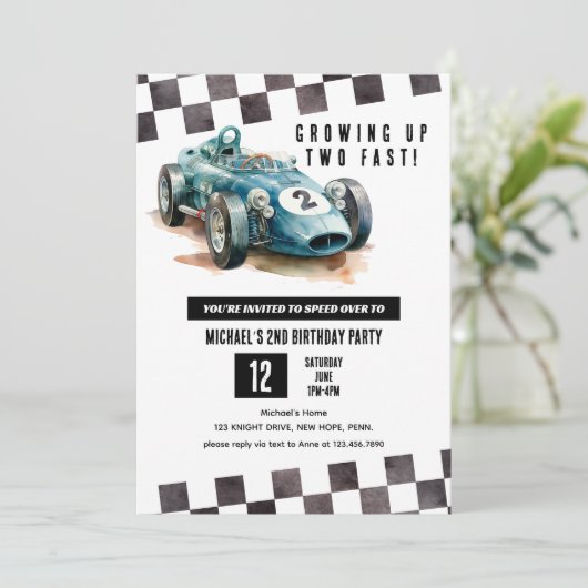 2 Snelle Race Auto 2e Verjaardagsfeestje waterverf Kaart (Staand voorkant)