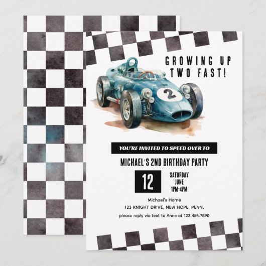 2 Snelle Race Auto 2e Verjaardagsfeestje waterverf Kaart (Voorkant / Achterkant)
