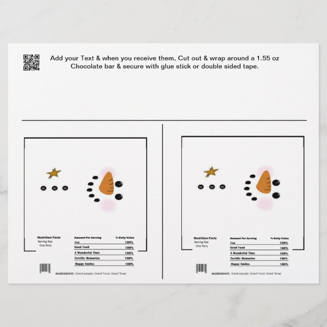 2 Snowman Holiday Snoep Bar Wrappers Party Favors (Voorkant)