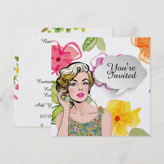 #2 Sophisticated Pop Art Lady Floral Invitation Kaart (Voorkant / Achterkant)